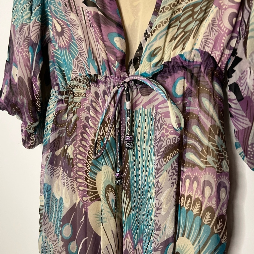Vintage Tricia Fix 100% Silk Peacock Print Dress | Made in USA - Picture 6 of 13